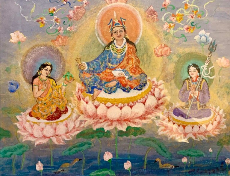 Guru Rinpoche with two of his heart disciples.
